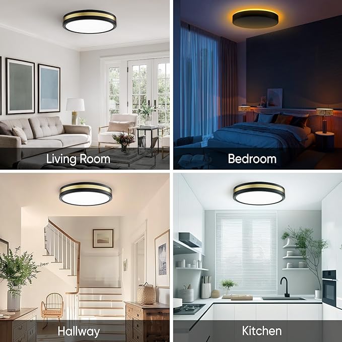 18 Inch Flush Mount Light With Night Light, 5CCT Modern Black Gold LED Ceiling Fixture, 45W 4500LM 2700K-6500K Adjustable, Dimmable for Bedroom Hallway, ETL