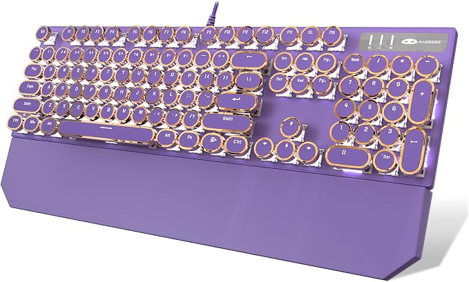 Camiysn Typewriter Style Mechanical Gaming Keyboard, Purple Retro Punk Gaming Keyboard with White Backlit, 104 Keys Blue Switch Wired Cute Keyboards, Round Keycaps for Windows/Mac/PC