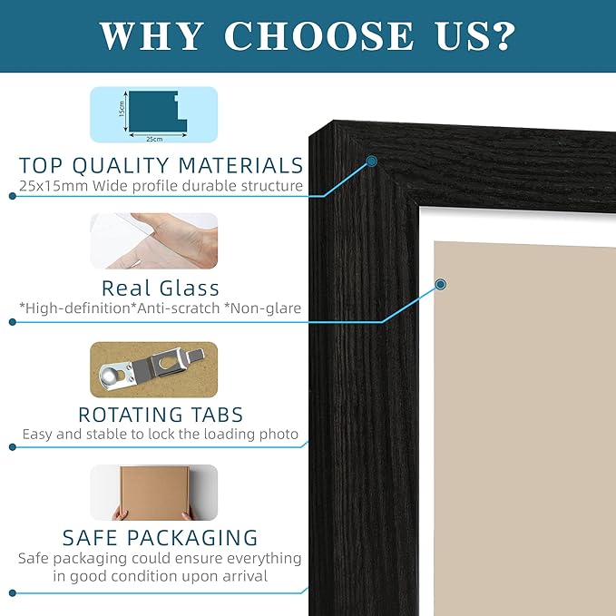 Hongkee 10x10 Picture Frame Set of 4, Made of Glass and Rustic Black Wooden Frame - Display Picture 8x8 with Mat or 10 x 10 Without Mat, 10 by 10 Photo for Wall or Tabletop