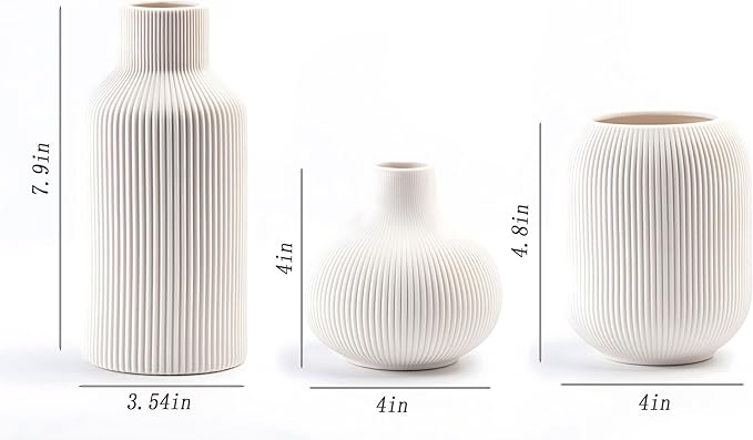 Ceramic Vase Set of 3, Decorative Vases Home Decor Modern Minimalist Pottery Vases for Bouquet Pampas Grass Dried Fresh Flowers, Bookshelf, Living Room, Shelf, Bedroom, Entryway Mantel Decor-White