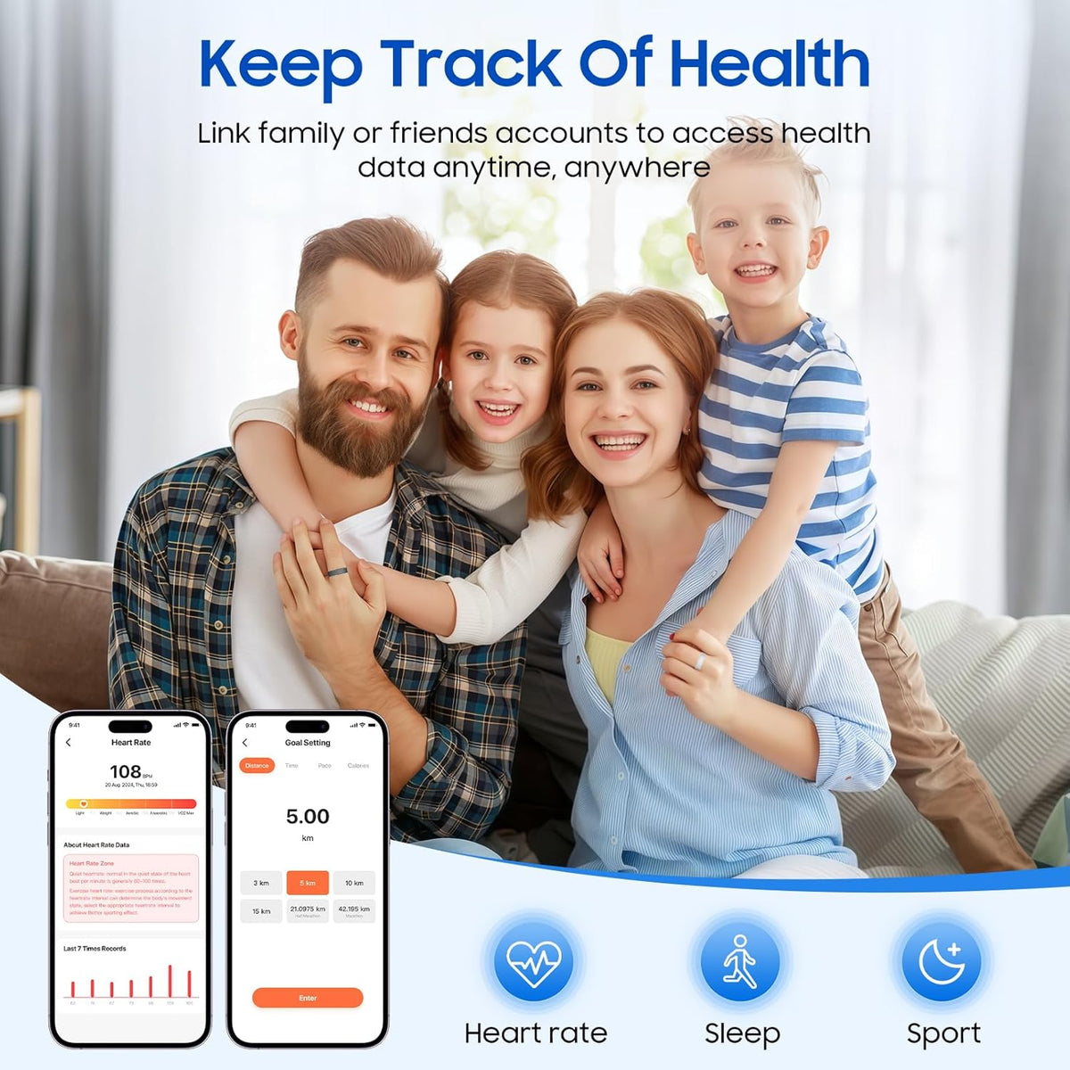 Smart Health Ring - Waterproof Fitness Tracker with Stress & Sleep Monitoring | Compatible with iOS & Android (Black, Size 7)