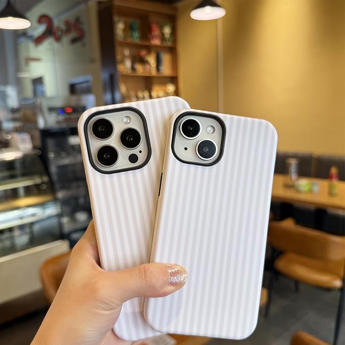 for iPhone 15 Plus/14 Plus Case Striped Cute Aesthetics Phone Case Trendy Protective Shockproof Cover for iPhone 15 Plus/14 Plus White