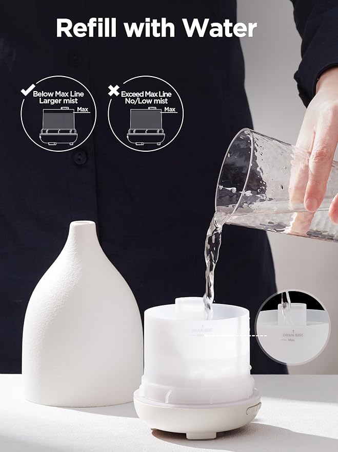 InnoGear Oil Diffuser, 150ML Ceramic Diffuser for Essential Oils Handcrafted Aromatherapy Diffuser Ultrasonic Cool Mist Humidifier with 2 Mist Modes Waterless Auto Off for Room Office, White Base