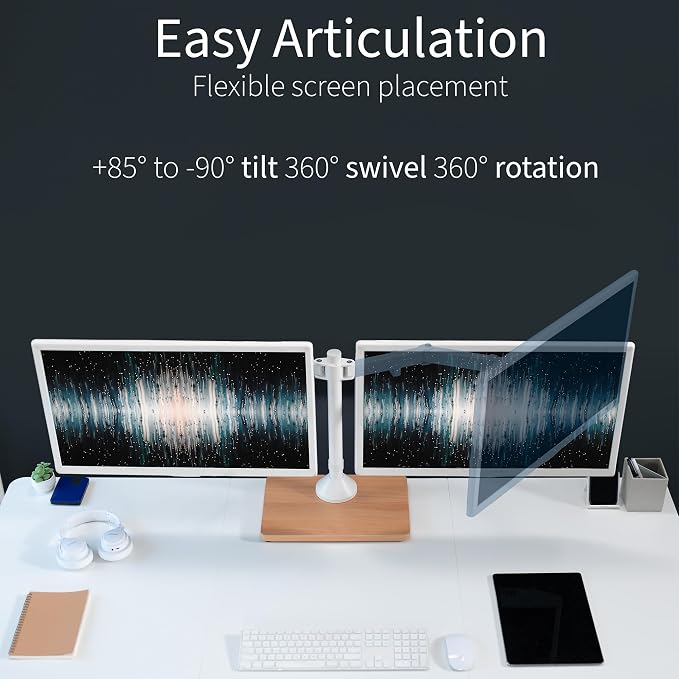 VIVO Dual Monitor Desk Stand for 13 to 32 inch Screens, STAND-V002FD-W | Articulating, Freestanding Adjustable Monitor Arm, White with Wood Base, Computer Stand for 2 Monitors, Holds 22 lbs Each