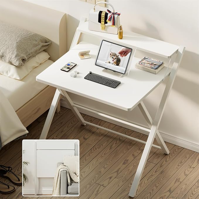 GreenForest Folding Desk No Assembly, Sturdy Computer Desk for Small Spaces | Portable Foldable Table for Laptop, 2-Tier Compact with Shelf, Space Saving for Home Office, Dorm, Apartment, 27"x 22" White