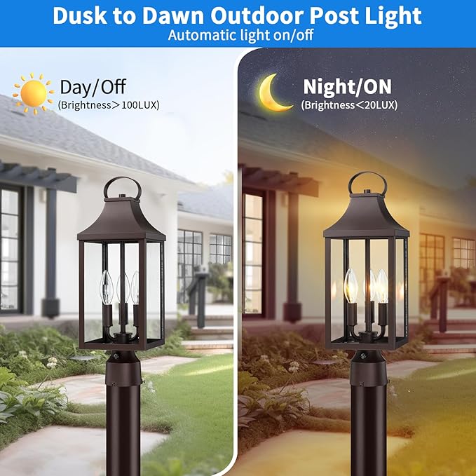 18.62'' Dusk to Dawn Post Light Outdoor, Large 3-Light Lamp Post Light Fixture, Modern Pillar Outside Lighting Waterproof Post Lantern Lamp Outdoor Post Light Fixtures Pole Lights for Porch, Brown
