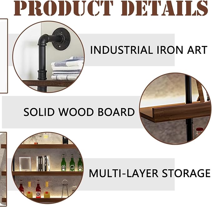 70.8in Wall Mounted Wine Rack with LED Light Solid Wood | 3-Tiers Liquor Bottles Floating Shelves Display Storage Organizer for Home Bar & Dining Room
