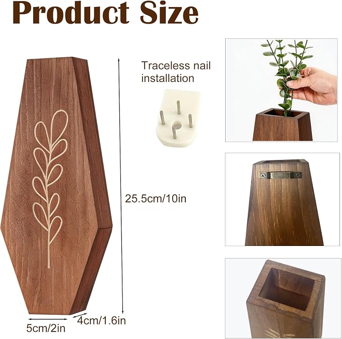Wood Wall Planter 2 Pack, Modern Farmhouse Wall Decor Mounted Wooden Vase Set, Hanging Planter for Indoor Plants, Boho Wall Decor for Living Room, Entryway, Hallway, Bathroom (Brown)