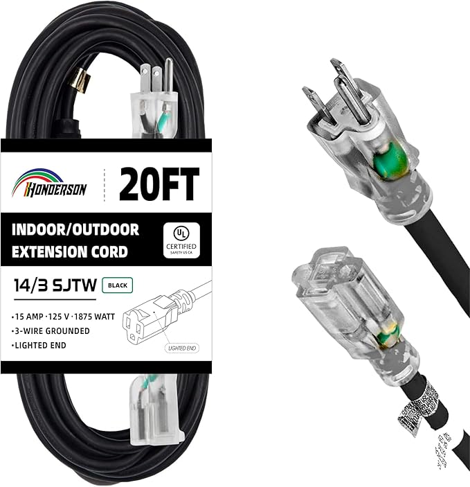 Indoor Outdoor Extension Cord Weatherproof with Lighted End, UL Certified, 14 Gauge 20FT Black 3 Prong Heavy Duty, 14/3 SJTW 15A Power Cord for Outdoor Lights, Lawn