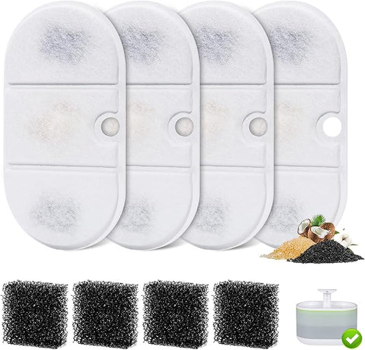 4 Packs Replacement Filters Compatible with Capsule Cat Water Fountain PLWF002, 4 Replacement Filters & 4 Pre-Filter Sponges for 71fl oz/2.1L Ultra Quiet Pet Water Fountain, Cat Water Fountain Filters