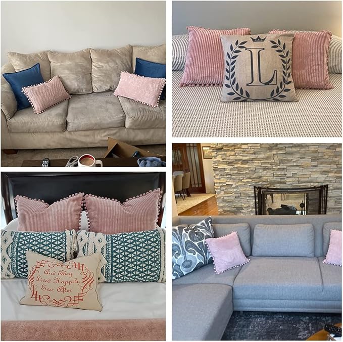 Fancy Homi 2 Pack Blush Pink Lumbar Decorative Throw Pillow Covers 12x24 Inch with Pom-poms for Couch Bedroom Sofa, Farmhouse Boho Home Decor, Soft Corduroy Solid Rectangle Cushion Case 30x60 cm