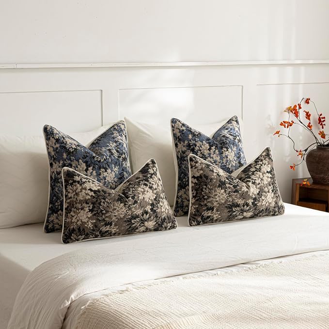Pack of 2 Vintage Floral Euro Sham Covers 26x26 Boho Farmhouse Accents Chenille Square Decorative Throw Pillow Cases for Living Room Couch Bed Home Decor, Dusty Blue