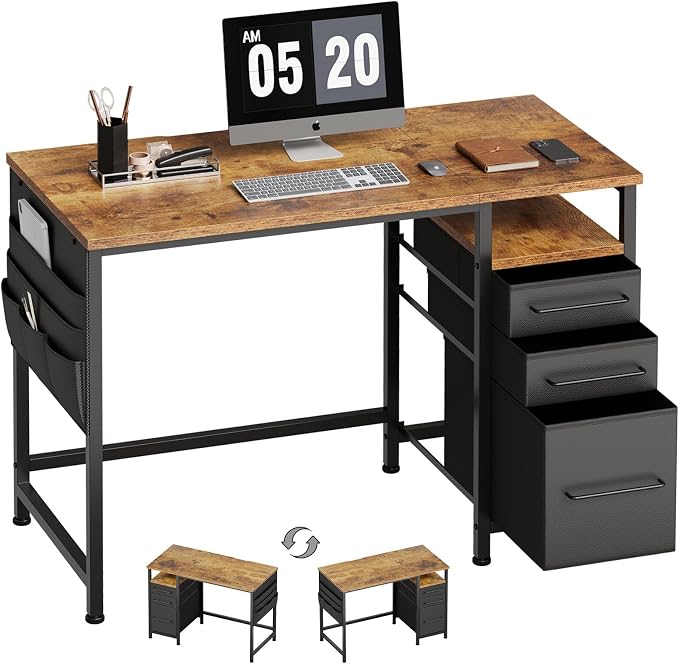 Maihail Small Desk with Drawers, Office Desk with Storage Shelves, Brown | 40 Inch Desktop, Metal Frame, 3 Fabric Drawers, Storage Shelves, Computer & Writing Desk, Office Gaming Workstation