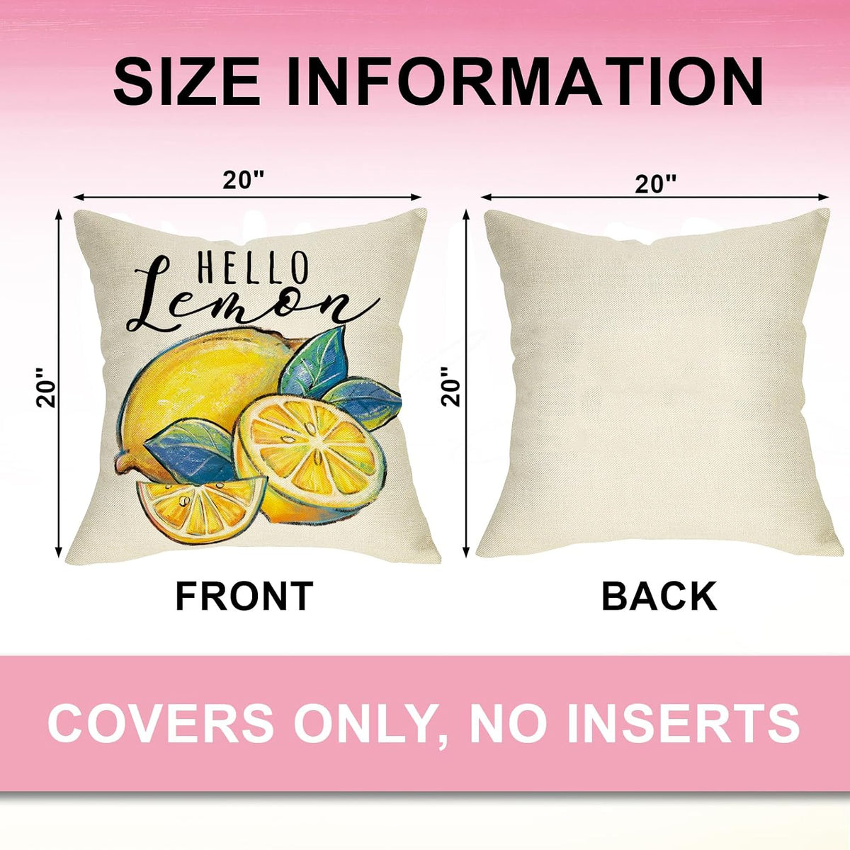 Hello Summer Lemon Decorative Throw Pillow Covers 20 x 20 Set of 4, Summer Vibes Fruit Pink Yellow Cushion Case Decor, Seasonal Home Decoration for Sofa Couch