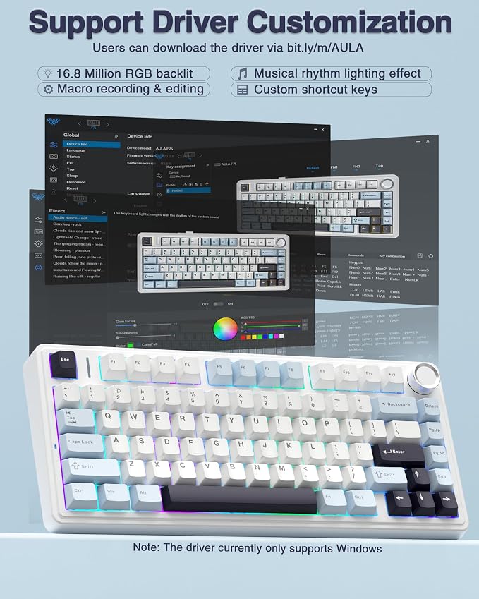 AULA F75 75% Wireless Mechanical Keyboard, Hot Swappable Creamy Keyboard, Pre-lubed Reaper Switches, 2.4GHz/Type-C/BT5.0, RGB Backlit Gaming Keyboards(White & Blue)