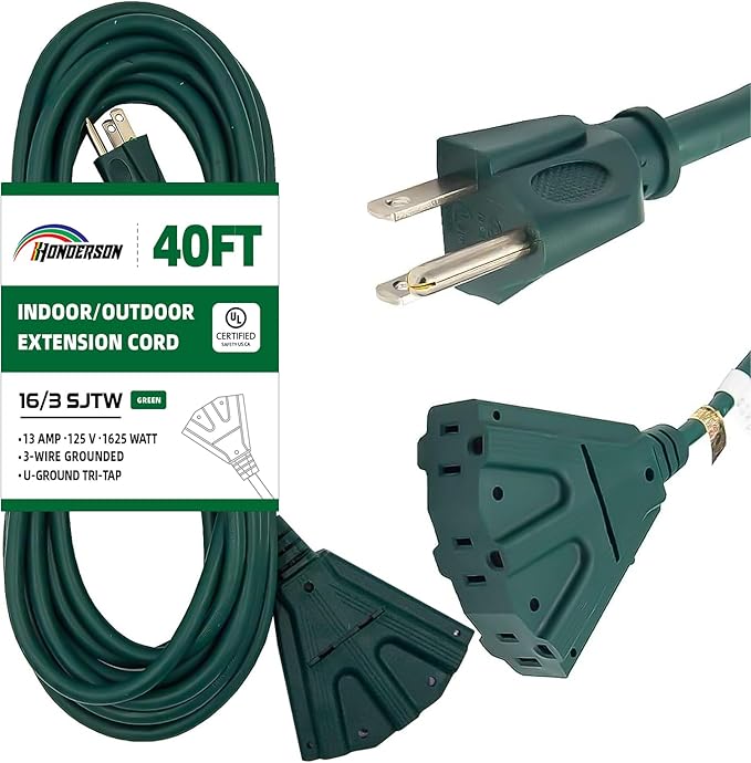 3-Outlets Indoor Outdoor Extension Cord Weatherproof, UL Certified, 16 Gauge 40FT Green 3 Prong Heavy Duty, 16/3 SJTW 13A Power Cord