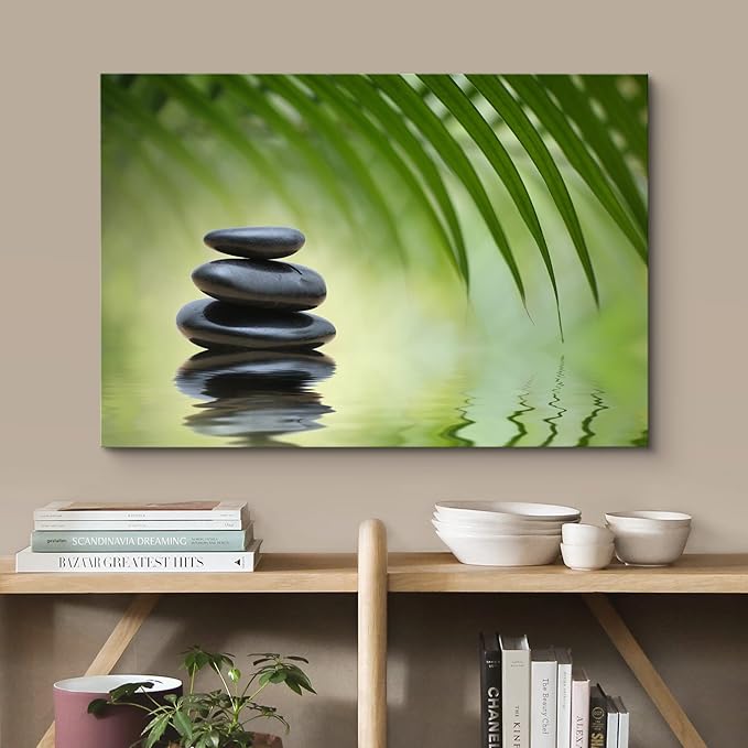 wall26 Canvas Print Wall Art Black Rocks on Seren Green Tropical Lake Floral Nature Photography Realism Bohemian Scenic Relax/Calm Cool for Living Room, Bedroom, Office - 32"x48"