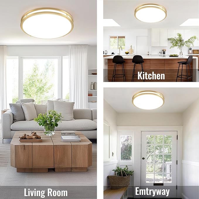 24 inch Gold Ceiling Light Fixture 48W, LED Dimmable Close to Ceiling Light Fixture 5CCT, Modern Flush Mount Ceiling Light for Living Room, Bedroom, Bathroom, Kitchen