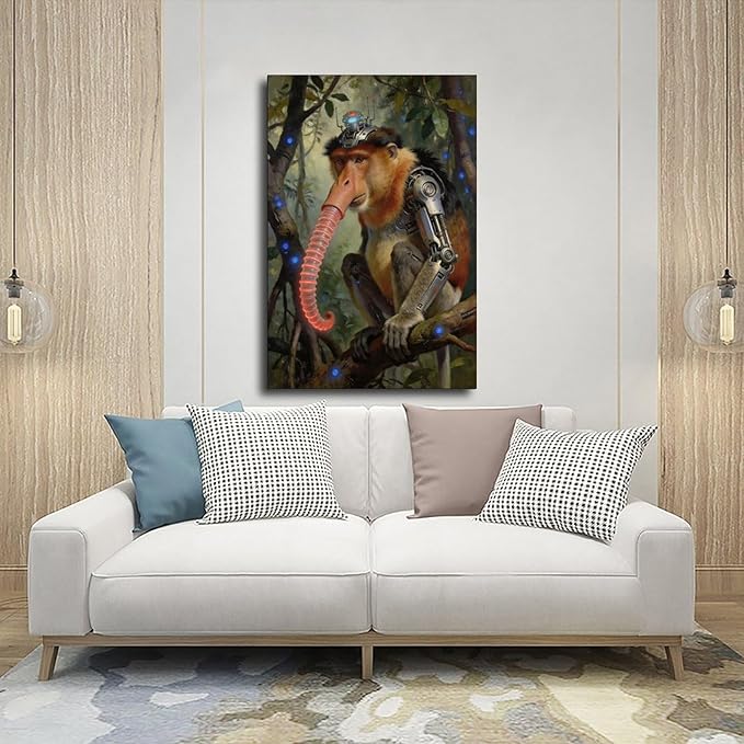 Framed Steampunk Mechanical Proboscis Monkey Wall Art - Jungle Neon Retro Poster for Apartment Leisure Area Decor 08x12inch(20x30cm)
