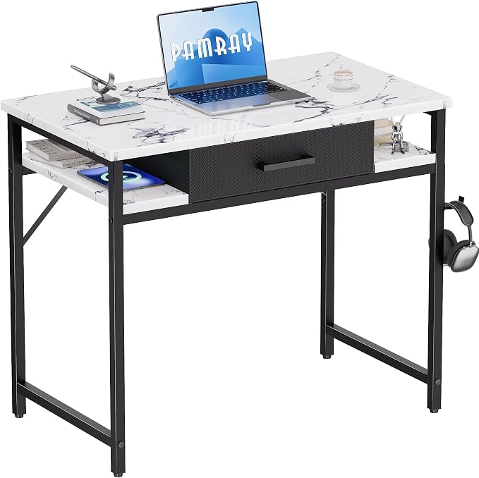 Pamray 32 Inch Small Computer Desk with Drawers for Bedroom Small Spaces | Compact, Sturdy, Easy Assembly, Mini, Suitable for Dorm and Apartment, Study and Writing