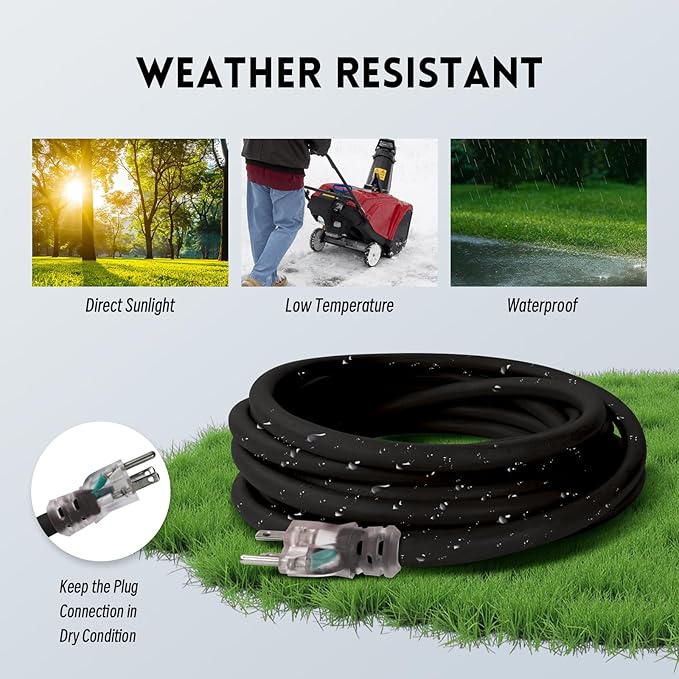 10 Gauge Heavy Duty Outdoor Extension Cord 25 FT, Waterproof Exterior Extension Cable with Lighted, 3 Prong Appliance Power Cord Outside, SJTW, 125 VAC, 15 Amp, 1875 Watts, Black