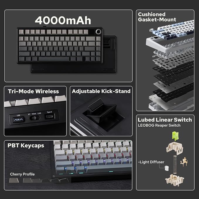 EPOMAKER X Aula F75 MAX Wireless Mechanical Keyboard with TFT Screen and Knob, Gasket Gaming Keyboard in 75% Layout, Hot Swappable, RGB Backlight, for PC/Mac/Linux (Black Gradient)
