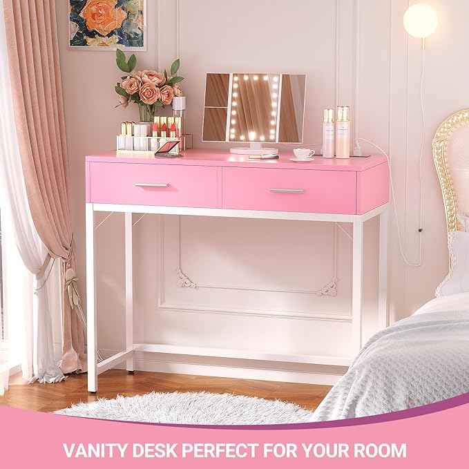Cyclysio Vanity Desk with Mirror and Lights, 36'' Makeup Vanity Desk with Power Outlet, Small Vanities Set Dressing Table with Drawers for Bedroom, Pink