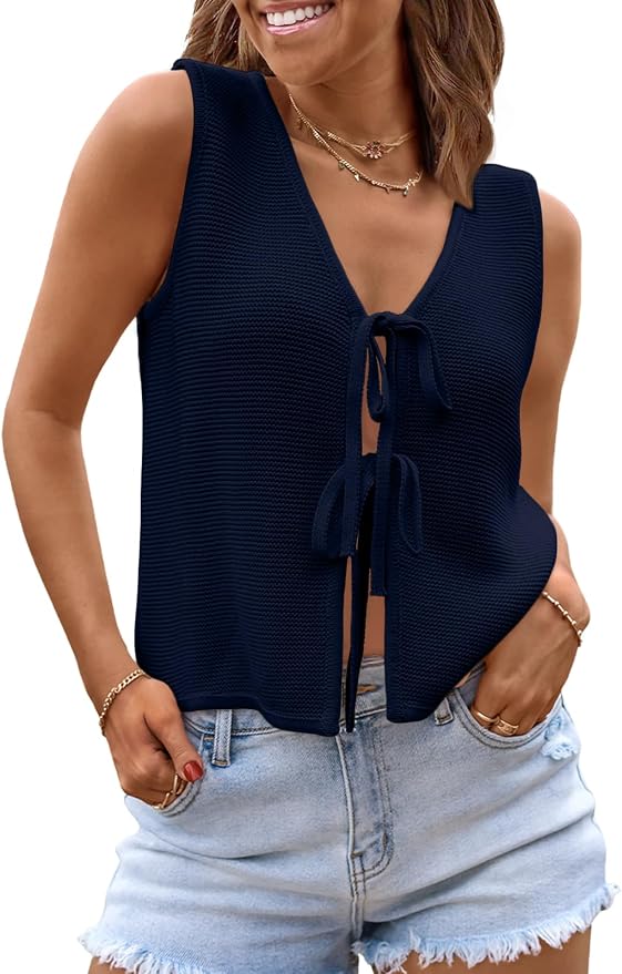 LILLUSORY Womens Tie Front Tops Vacation Sweater Vest | Bohemian Style, Beach Resort Wear, Concert Western Outfits, Crochet Tops, Vacation Outfits, Cute Y2k Sleeveless 2026