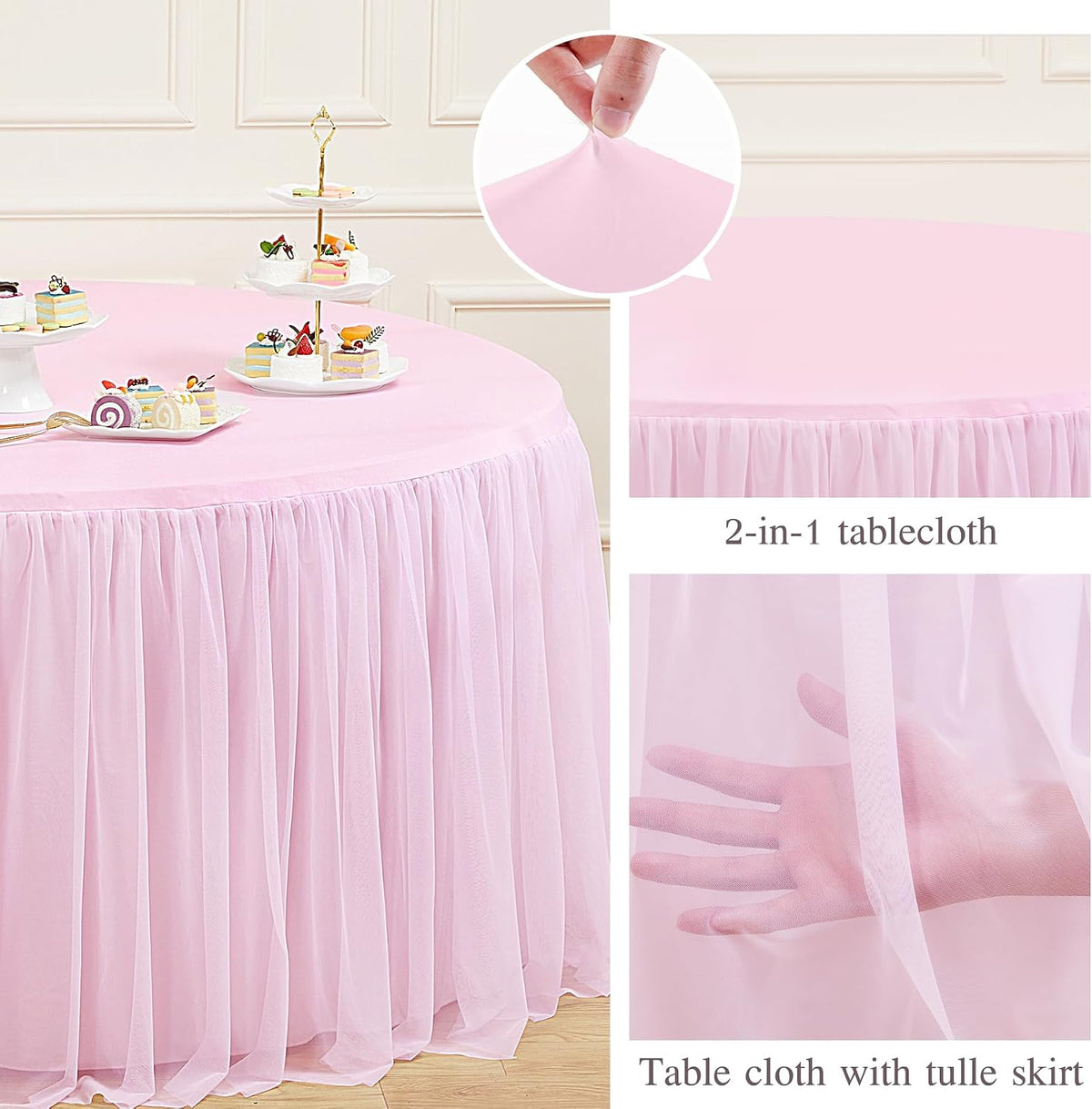 HB HBB MAGIC Light Pink Round Tablecloth 48 inch Stretchy Elastic Fitted Round Table Cloth Cover, Pink Table Cloths for Parties Tulle Table Cloth with Skirt Wedding Bridal Shower Tables Decoration