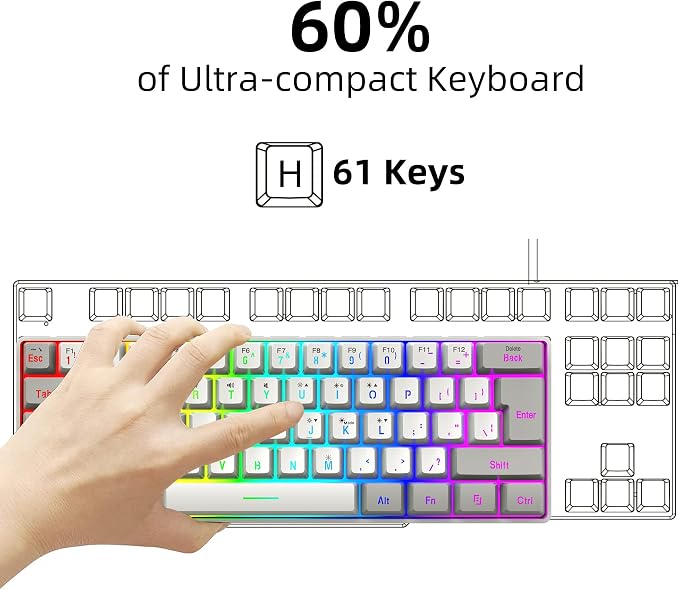 Snpurdiri 60% Wired Gaming Keyboard, 61 Keys RGB (Grey-White) | Backlit Small Gaming Keyboard for PC/Mac Gamer, Typist, Travel, Easy to Carry on Business Trip