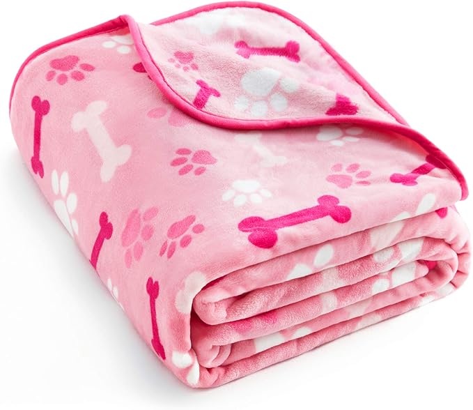 Allisandro Luxurious Dog Blanket, 350 GSM Super Fuzzy Microplush Fleece Pet Blankets for Small Medium Large Dogs and Cats, Pink Paw and Bone, 80" x 64”