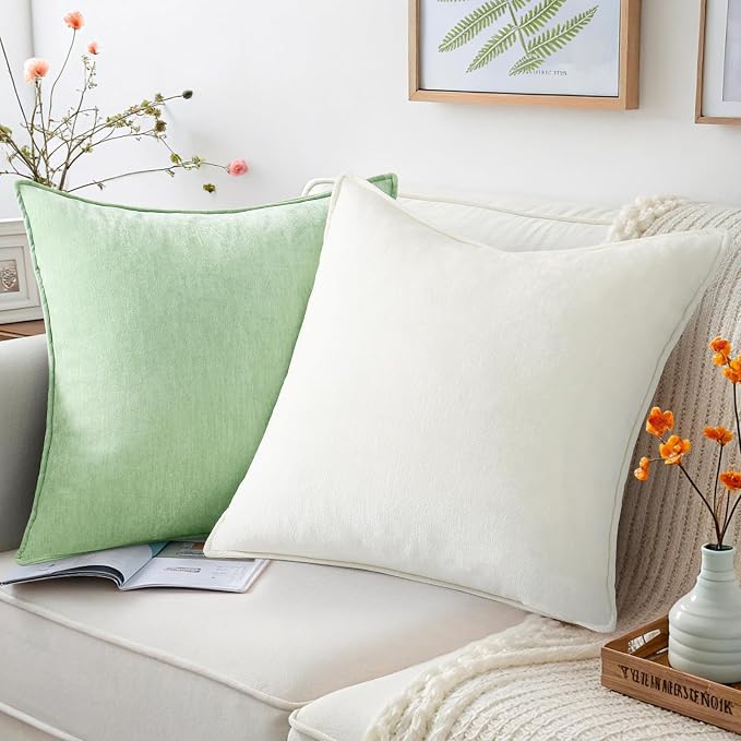 decorUhome Chenille Cream White Velvet Throw Pillow Covers 16x16 Set of 2 | Fall Soft Couch Decorative Modern Farmhouse Pillow Cases with Elegant Design for Sofa Bed Living Room Home Decor