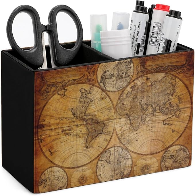 Pen Holder, Pencil Holder for Desk Organizer, Vintage Retro World Map PU Leather Pencil Cups Desktop Stationery Storage Makeup Brush Holder Pen Organizer for Office Home