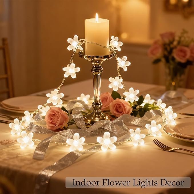 Battery & USB Powered Flower String Lights Indoor Decorations, 10ft 30 LED Decorative Cute Cherry Blossom Floral Lamp for Classroom Bedroom Ceiling Dorm Christmas Tree Hanging Decor (White)