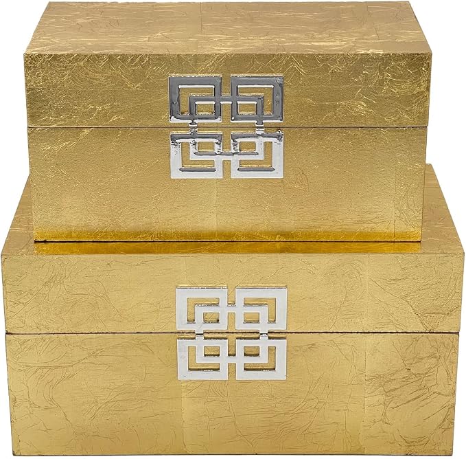 Galt International Storage Box Set Decorative Storage Box w/Hinged Lid Classic Design Wood Decor Boxes with Geometric Clasp Storage for Bedroom & Home - Set of 2 (Gold Leaf)