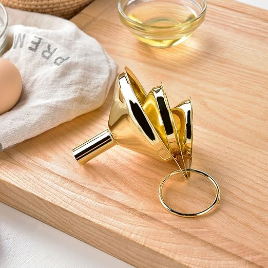 Stainless Steel Funnel, 3 Pack Gold Metal Kitchen Funnel Set, Food Grade Kitchen Gadgets Accessories, Mini Funnels for Filling Bottles, Liquid Transfer, Cooking, Car Oil, Lab Use