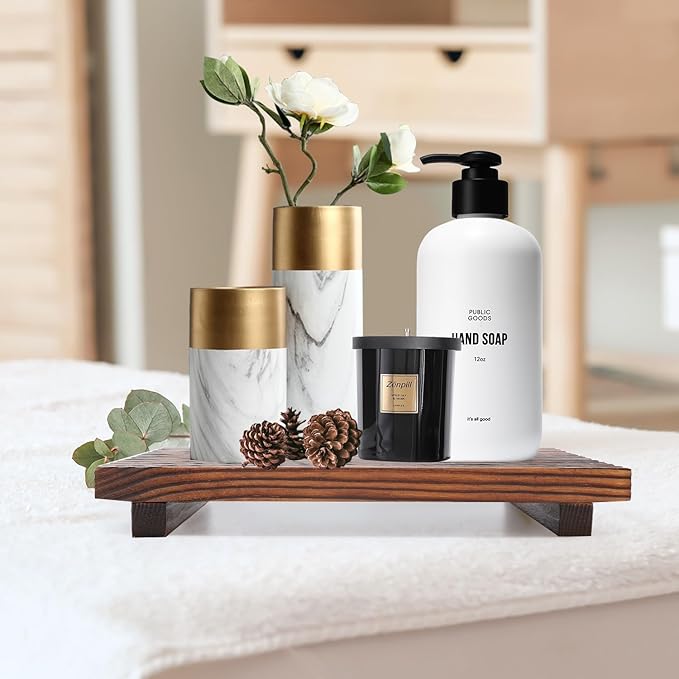 Renawe Farmhouse Bathroom Counter Tray Wood Display Pedesta Stand Kitchen Countertop Trays Decorative Wooden Riser Dish Soap Dispenser Holder for Bathroom Sink Accessories Kitchen Decor Vanity Tray