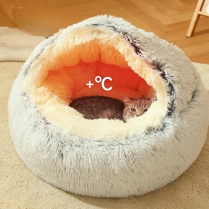 Plush Fluffy Dog and Cats Round Bed – Ultra-Soft Faux Fur Pet Shell Nest with Raised Bolster Edge, Self-Warming Calming Nest for Small to Large Pets (Gray, X Large（31.5“/<75lbs)