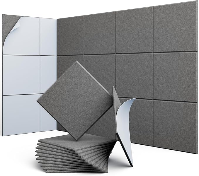 12 Pack 12" X 12" X 0.4" Acoustic Panels for Wall Sound Absorbing, Square Self-Adhesive Sound Panels, High Density Suitable for Multiple Scenarios(MoonLight Gray)