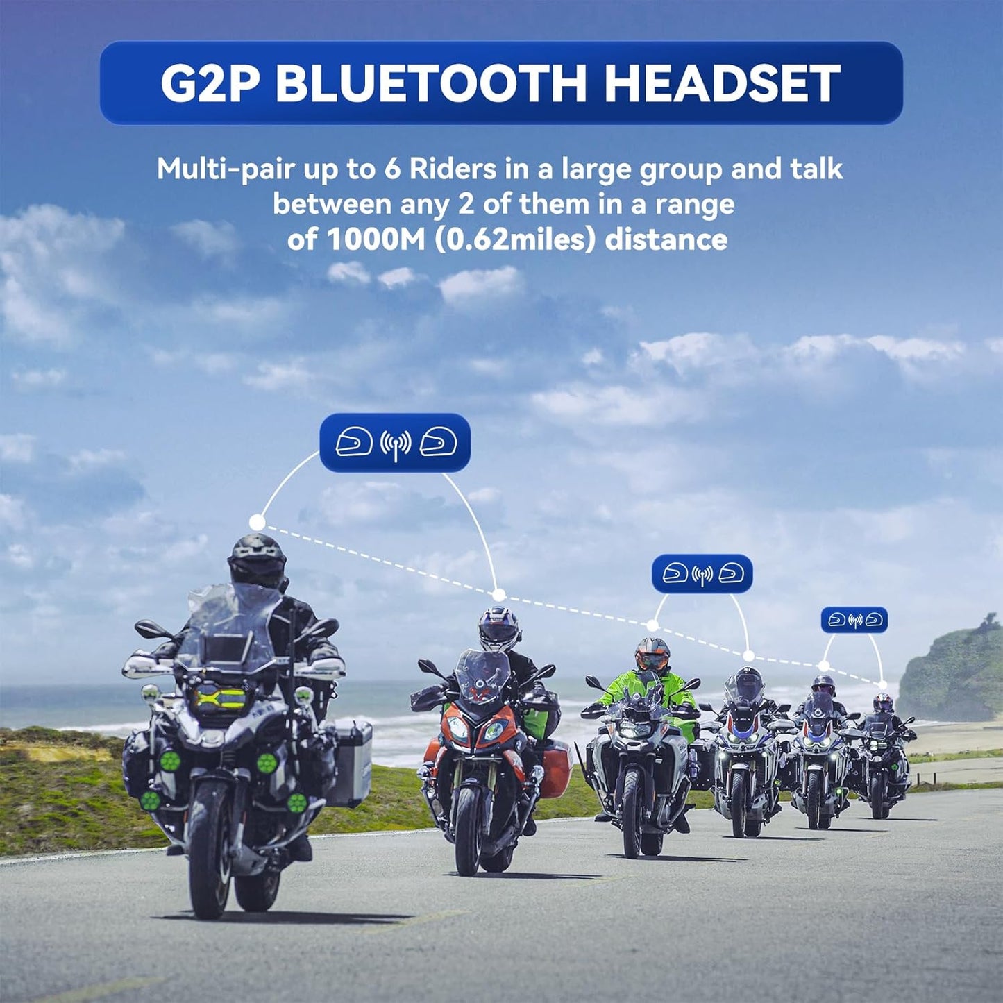 LEXIN G2P Motorcycle Helmet Bluetooth Headset, Group Intercom Communication Systems, FM Radio/ 6 Shells/Universal Pairing/Private Talk/Noise Cancellation, Fit for Snowmobile/ATV, 2 Pack