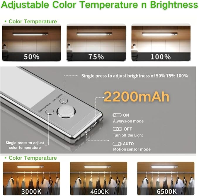 Motion Sensor Under Cabinet Lighting-Magnetic Rechargeable Closet Lights for Kitchen,Stairs,Wardrobe | 3-Color Dimmable LED Under Counter Lighting | Cord-Free Light Bars