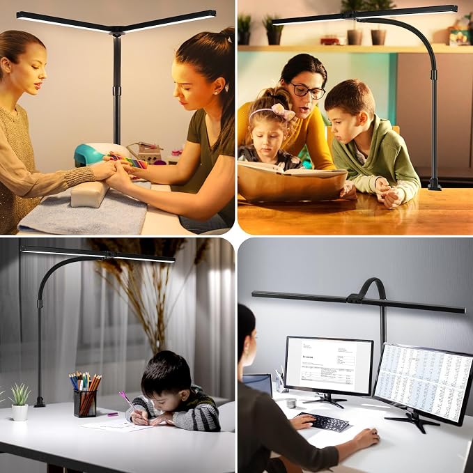 LED Desk Lamp with Clamp and Base, Dual Head Monitor Light | 24W Dimmable Eye-Caring Task Lamp with Timer, Anti-Glare Cover and Gooseneck for Home Office Dorm, Workbench and Study