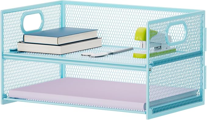 Marbrasse 2 Tier Paper Organizer Letter Tray, Mesh File Organizer with Handle, Paper Sorter Desk Organizer for Home Office Supplies - Blue