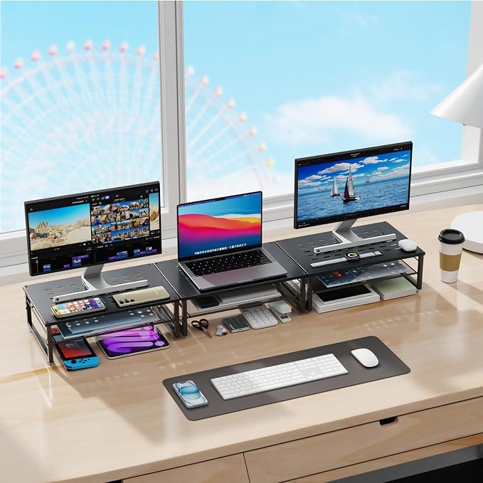 gianotter Desk Organizers and Accessories, 2-Tier Metal Monitor Stand Riser, Desk Organizer for Monitor, Office Desk Storage Organizer for Office Supplies (Black)