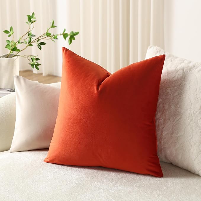 Throw Pillow Covers 16x16 Burnt Orange: Pack of 2 Cozy Soft Velvet Square Modern Luxury Decorative Throw Pillow Cases for Sofa Couch Living Room Bed Home Decor