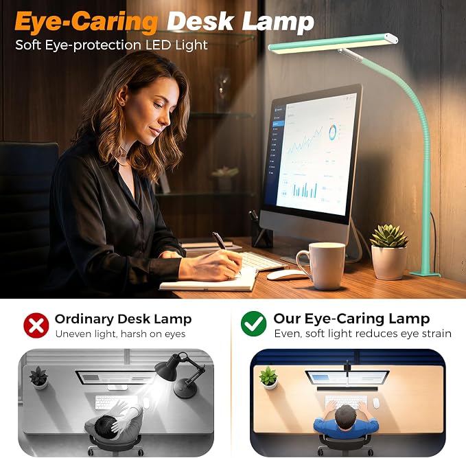 Airlonv LED Desk Lamp for Office Home, Eye-Caring Desk Light with Stepless Dimming Adjustable Flexible Gooseneck, 10W USB Adapter Desk Lamp with Clamp for Reading, Study, Workbench (Mint Green)