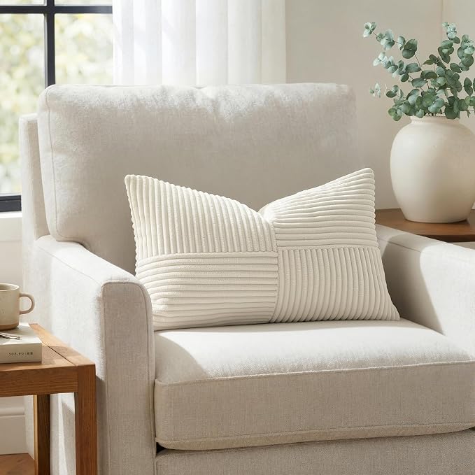 MIULEE Cream White Decorative Lumbar Throw Pillow Covers 14x22 Inch 2 Pack | Beige Neutral Boho Farmhouse Pillow Covers, Soft Cross Corduroy Patchwork Textured Cushion Cases For Couch Sofa Bed