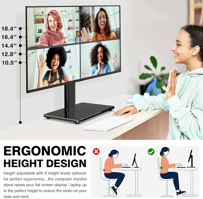 TAVR Furniture Single Monitor Stand VESA Mount for 13-32 Inch Screens | Free-Standing Monitor Riser with Swivel Tilt Rotation Height Adjustable, Universal Desk Stand up to 44lbs, Black