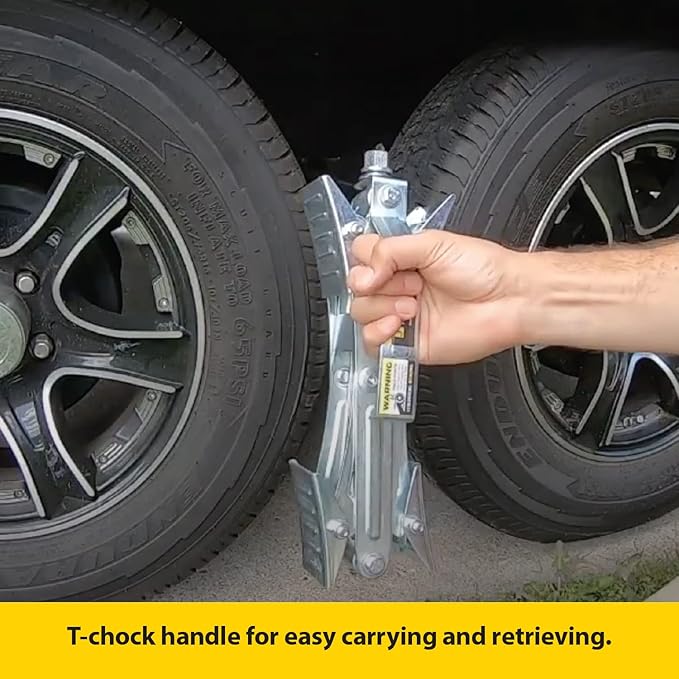 Stromberg Carlson JBP-T217.1 Tandem Axle T-Chock - Heavy Duty RV Wheel Chocks & Tire Stabilizers - Camper Wheel Chock Scissor Stabilizers for RVs, Trailers, and Campers - Fits Tires 2"-17" Apart