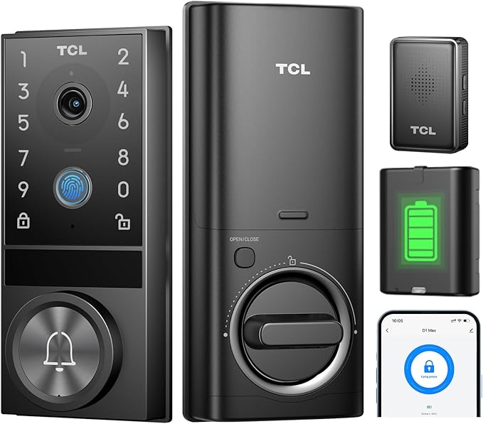 TCL D1 Max Security Video Smart Lock, 3-in-1 2K Camera, Doorbell & Fingerprint Keyless Entry Door Lock, WiFi Smart Door Lock with App Remote Control, PIR Motion Detection, Easy Installation